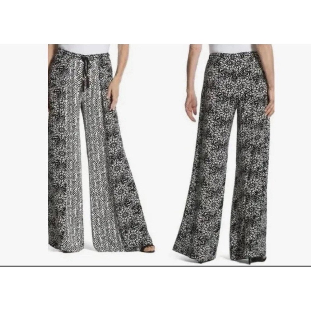 CHICO'S Wrap Palazzo Pants Size US 12 Black White Wide Leg‎ Stretch Resort Beach